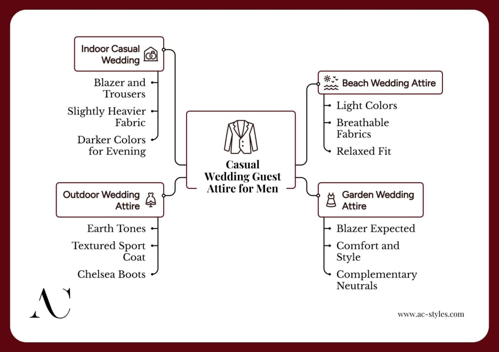 Infographic outlining casual wedding attire for men, featuring dress tips for indoor, outdoor, beach, and garden wedding settings to help you find the perfect look.